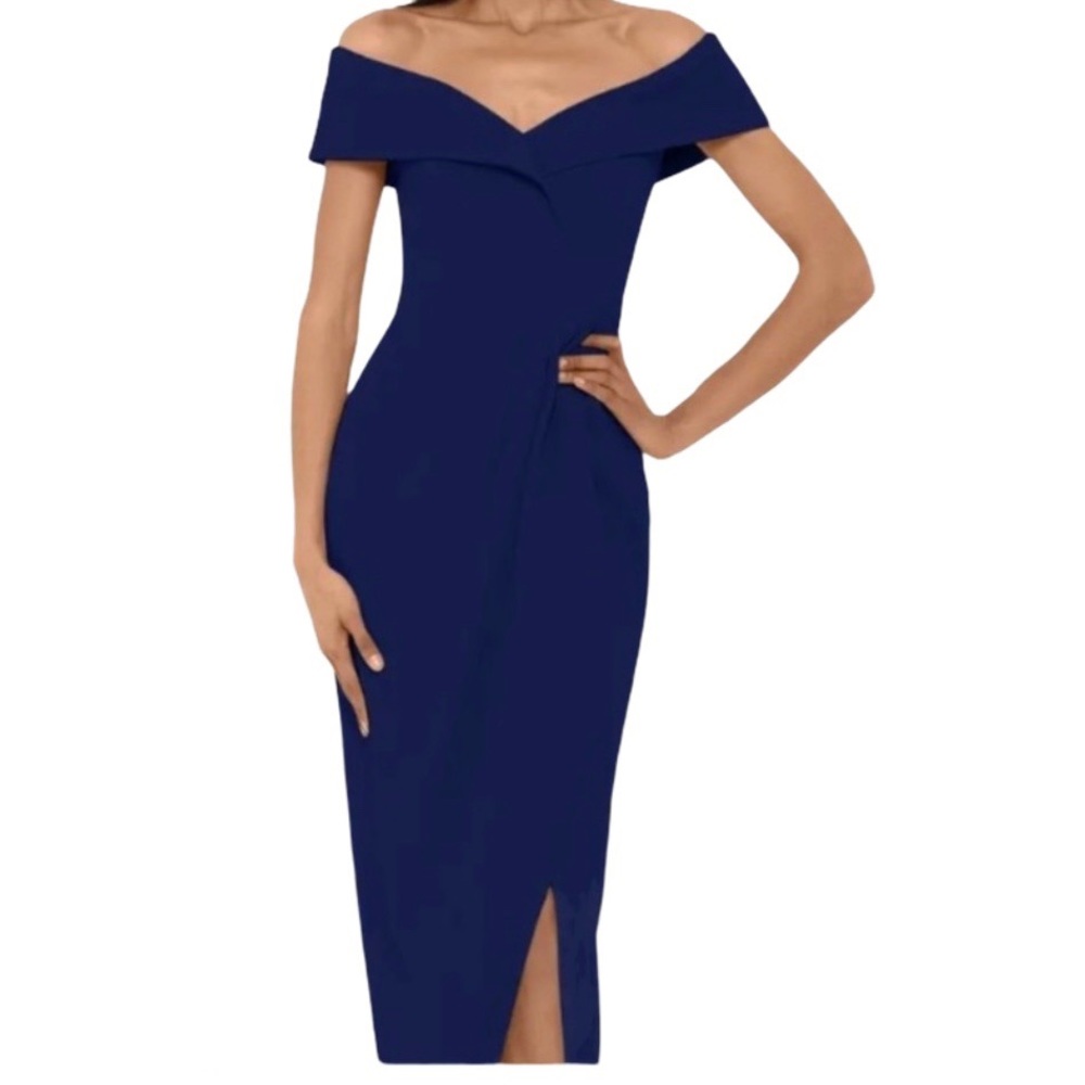 XSCAPE Navy Blue Off the Shoulder Sheath Tulip Gown Plus Size 14W